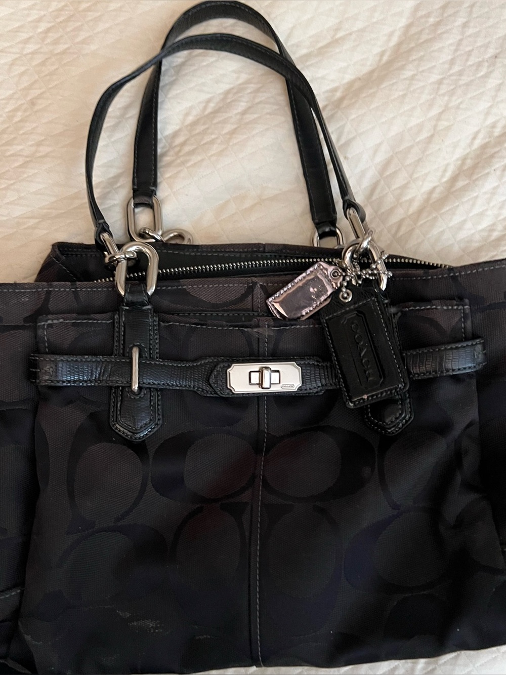 Coach Black Signature Bag with Leather Trim